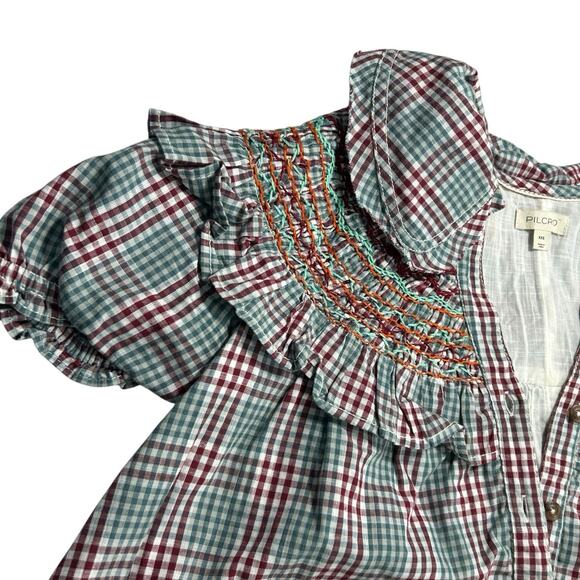 ANTHROPOLOGIE XxS Smocked Plaid Babydoll Mini Dress cottagecore Prairie Coquette - Picture 3 of 15